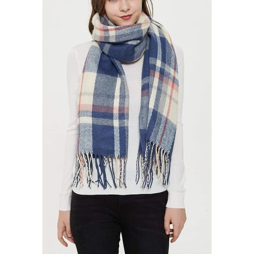 Women's Blue Fashion Long Shawl Big Grid Winter Warm Lattice Large Scarfs